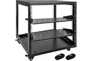 Eastrexon 10U Server Rack, Network Rack w/Two Rack Shelves & Swivel Casters, Open Frame AV Rack w/Top & Bottom Panels for Stereo/Computer/Data/IT Equipment (19.6” L x 18.7” W x 22” H)
