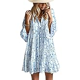 Opemiby Summer Dresses for Women 2026 Flowy Ruffle 3/4 Sleeve V Neck Tiered Casual Babydoll Boho Beach Mini Dress