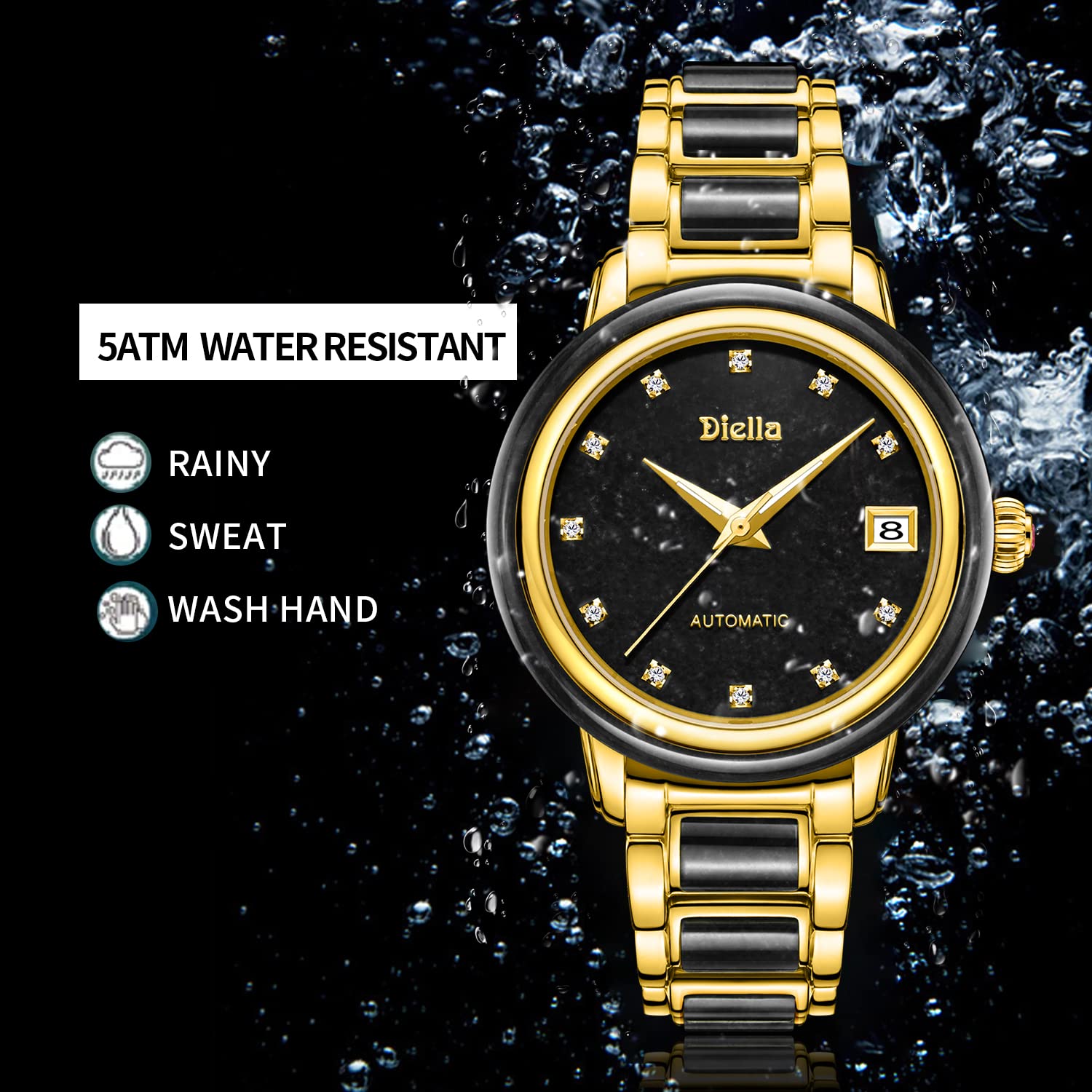 Diella Automatic Watches for Men and Women,Luxury Jade Wrist Dress Watch with Luminous Display,Waterproof