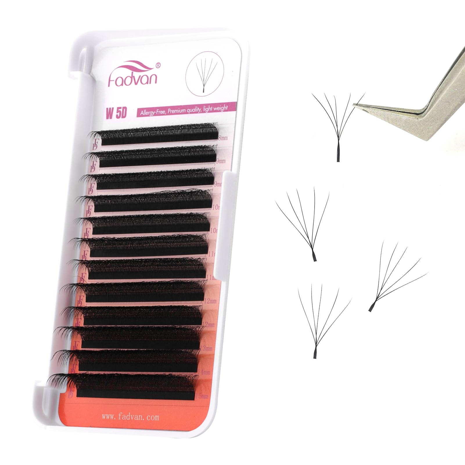 5D W Premade Fans Eyelash Extension 0.07D Curl Mixed 8-15mm W-Shape Pre Made Russian Volume Lashes by FADVAN Natural Matte Black — image 1
