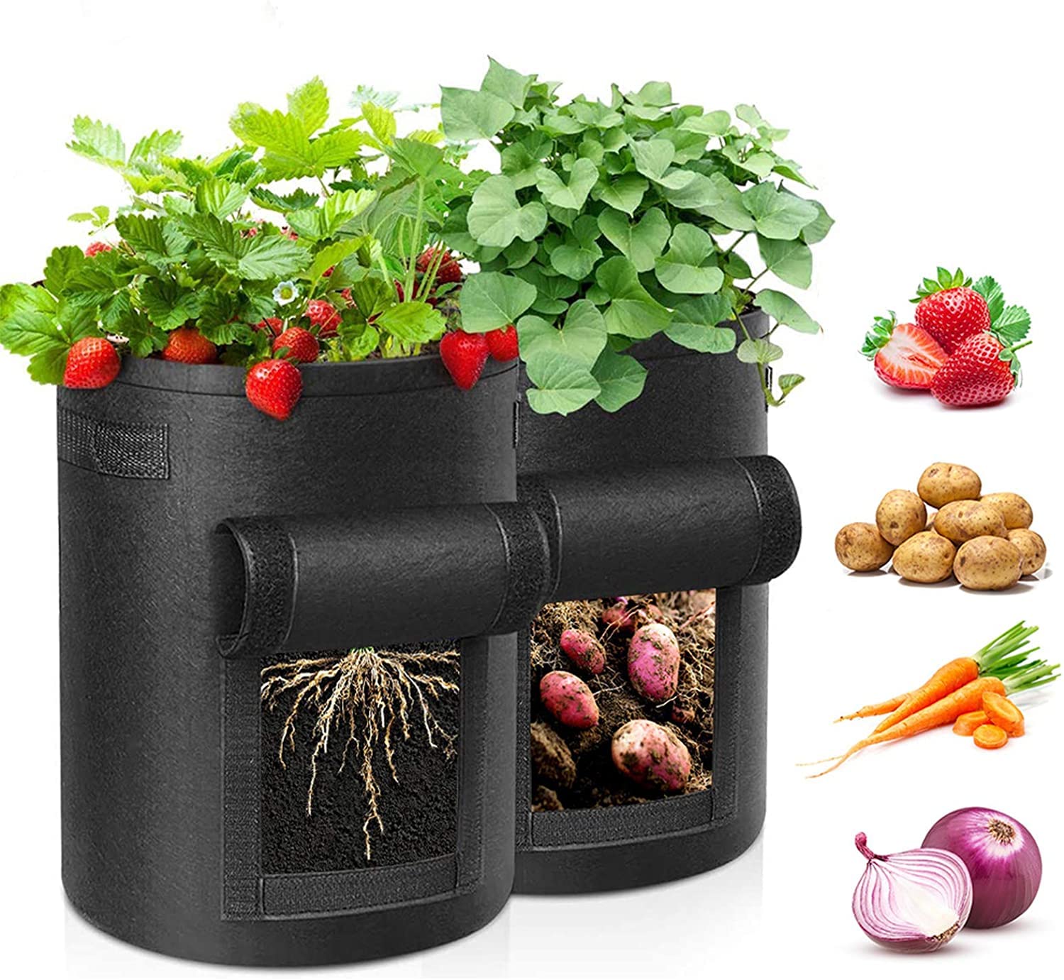 15 Gallon Plant Grow Bag - 2 Pack Breathable Garden Fabric Pots With Strap Handles and Access Flap for Vegetables, Fruits, Tomato Planting (Black)