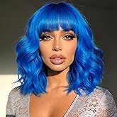 Caelusi Blue Wig with Bangs Short Bob Wavy Wigs for Women Blue Bob Wig Colorful 14 Inch Synthetic Wigs Shoulder Length Short Blue Wigs Curly Cosplay Wigs for Girl Daily Halloween Costume Party Use