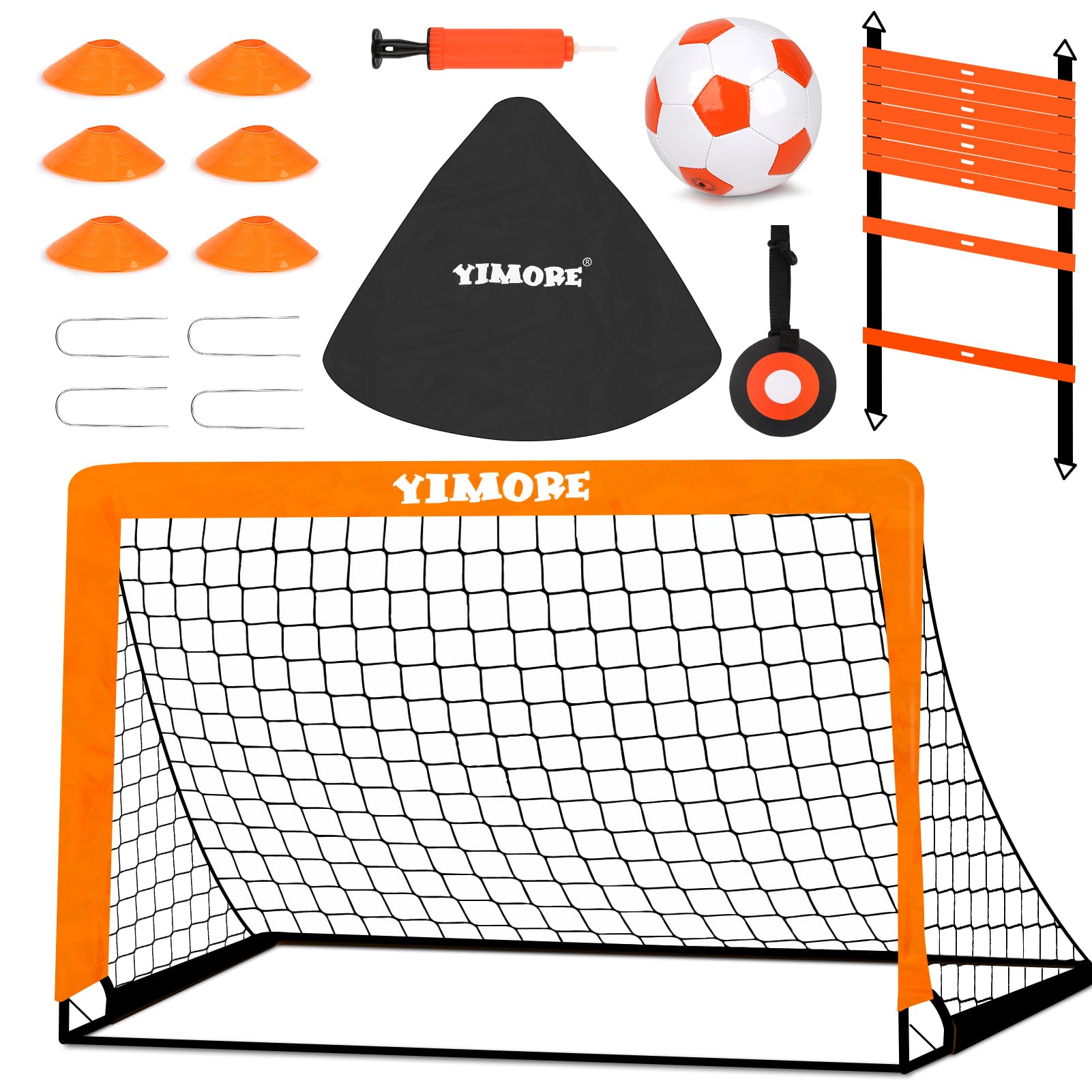 Football Goal Set with Football Training Equipment for Kids, Foldable Football Net with Speed Agility Ladder Disc Cones, Indoor Outdoor Garden Toy Gift for Boy Girls Junior Age 6 7 8 10 12 (orange)