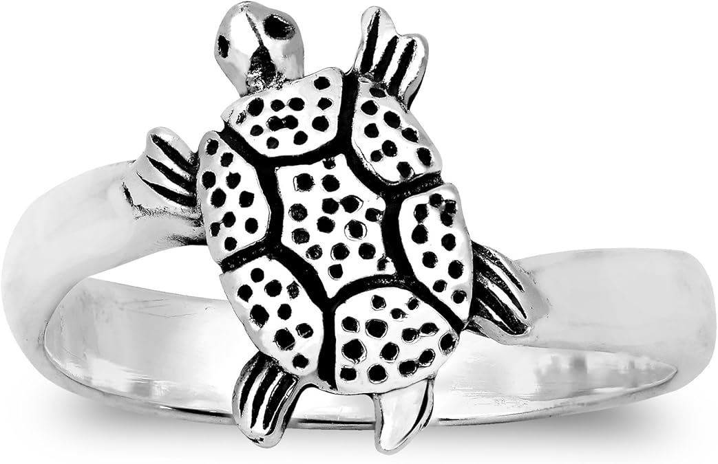 Adorable Tilted Sea Turtle Sterling Silver Ring Jewelry