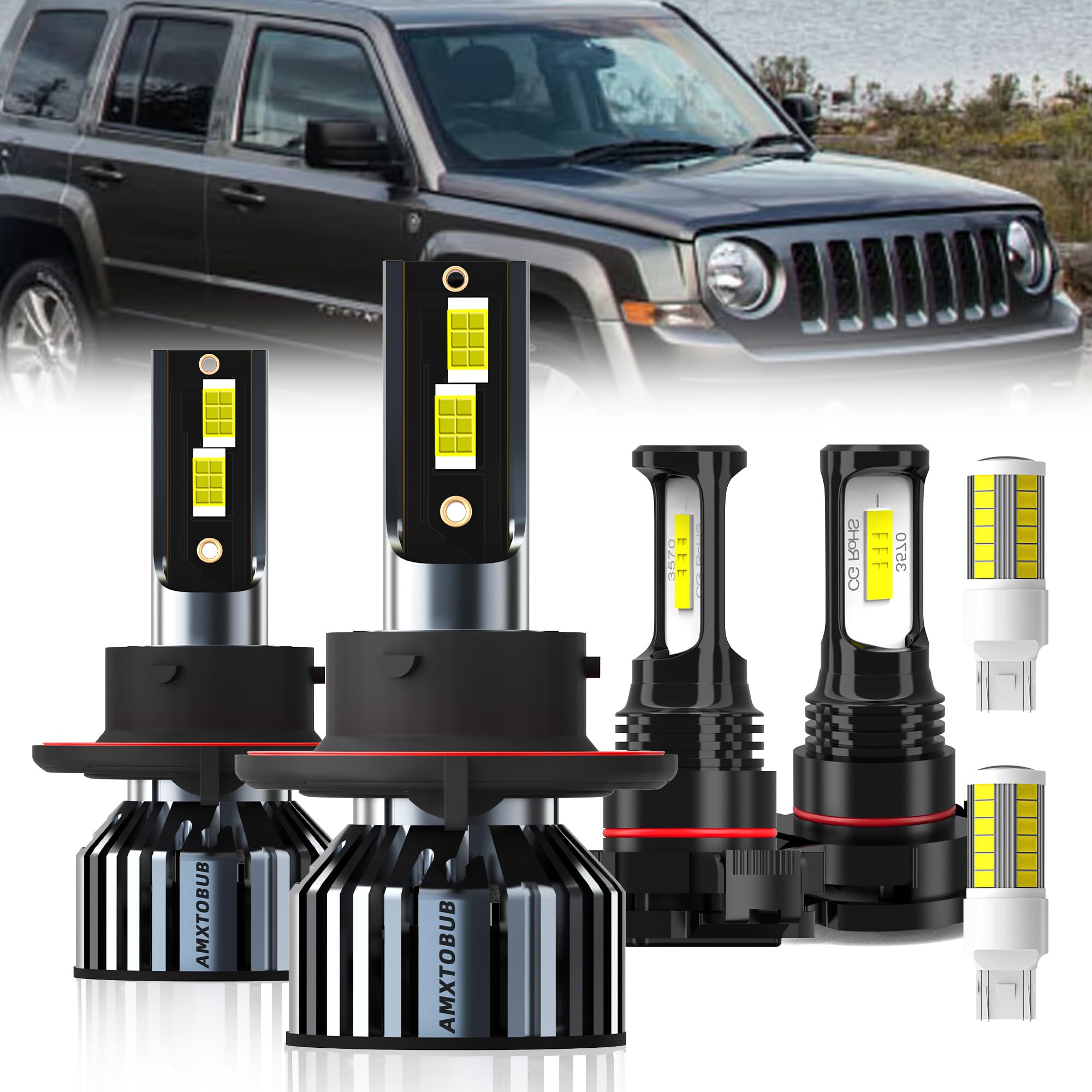 Photo 1 of AMXTOBUB For Jeeppy Patriot 2010 2011 2012 2013 2014 2015 2016 2017 Headlight Bulbs, 9008/H13 High Low Beam + 5202/H16 Fog Light Bulbs + Turn signal Lights, Pack of 6