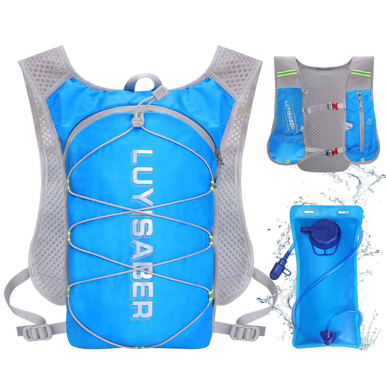 Neloheac Running Hydration Vest with 2L Water Bladder for Women Men, Lightweight Multi-pockets Runner Vest Marathon Festival Rave, Functional Hydration Pack Hydropack for Hiking Cycling Camping, Blue