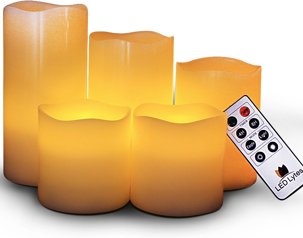 LED Lytes Flameless Candles, Set of 5 Ivory Wax Pillar Candle with Flickering Amber Flame and Timer Remote Control Battery Operated Candles for Weddings and Gift Ideas
