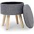 HOMCOM Pouf Poggiapiedi Rotondo Con Contenitore Interno – Rivestimento In Lino, Gambe In Legno, Design Moderno Grigio – Carico Max 120 Kg