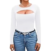 Afibi Women's Cutout Tops Basic Long Sleeve Round Neck Slim Fit T-Shirts
