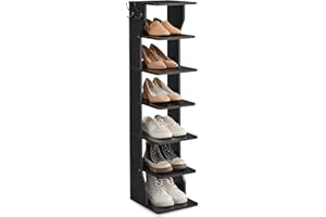 VASAGLE 7-Tier Vertical Shoe Rack, Narrow Shoe Storage Organizer with Hooks, Slim Corner Tower Shelf, Space-Saving for Entryw