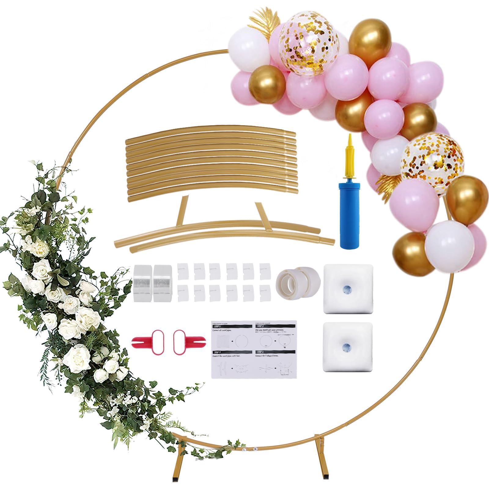 Photo 1 of 7.2Ft Round Balloon Arch Stand Kit Wedding Arches for Ceremony Circle Backdrop Stand for Parties Wedding Birthday Decoration with Two Water Bags (7.2FT Gold)