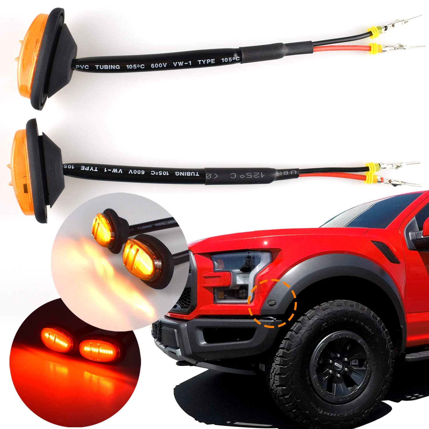 Photo 1 of Boigoo Fender Flares Light compatible with Ford Raptor F150 LTD F250 F350, Trucks/Pickup Side Marker Lights - Amber/Red Lights LED Super Bright (Amber LED Amber Lens)