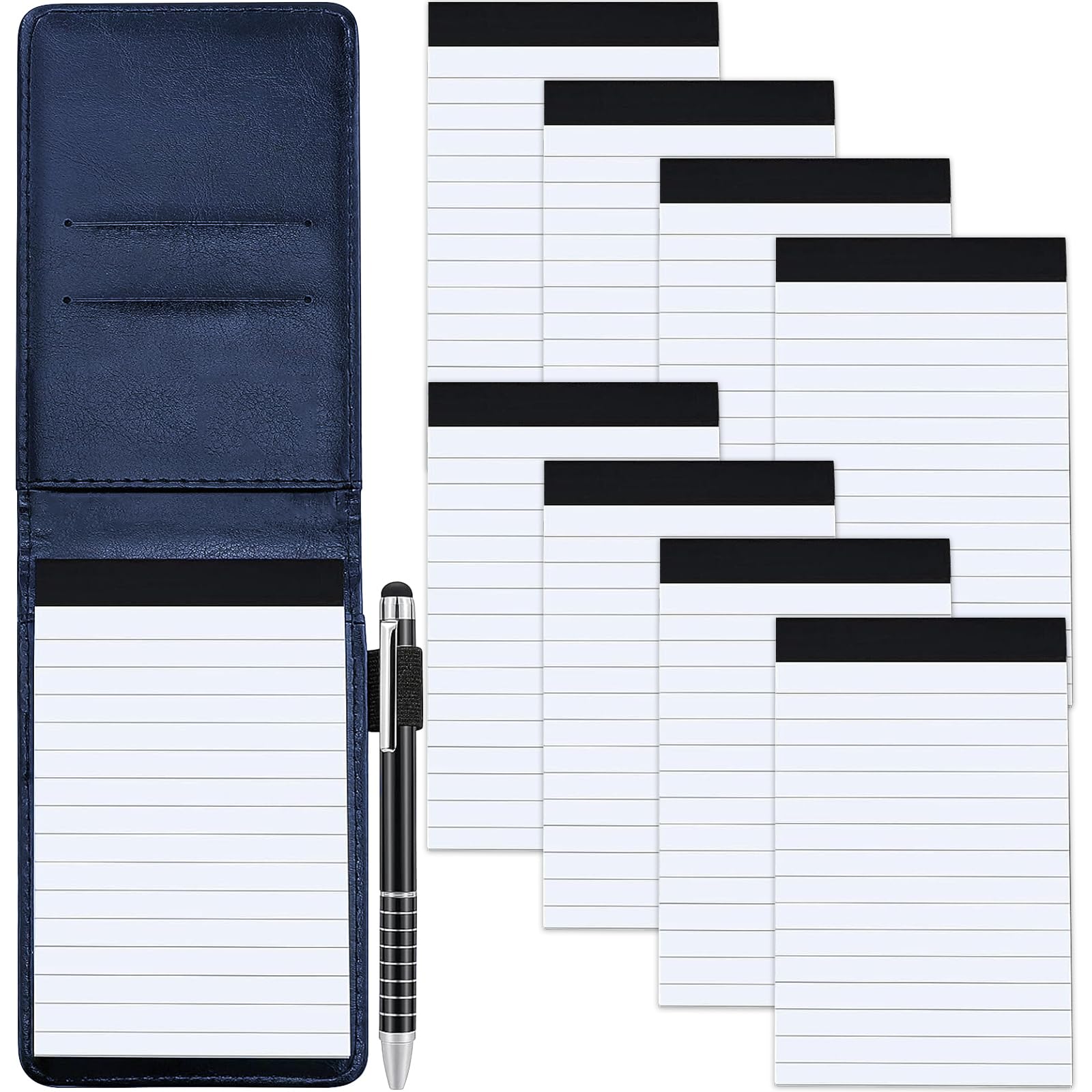 Marte Vanci Pocket Notebook A7 Small Notepads with 50 Sheets Lined Paper, Mini Notebook and Pen Set with 8 Pcs Refills, PU Leather Note Pads for Office School Meeting To Do Lists Memo Journal Blue
