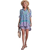 HECCPLI Women's Boho 2 Piece Outfit Floral Open Front Tropical Tunic Blouse and Shorts Set