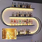 amhricho 47.2in Large Wall Mounted Wine Rack with LED Light, 4-Tiers Half Round Wine Rack with Wine Glass Hooks, Iron Wine Bottle Display Rack for Kitchen, Home Bar, Cafe (BLACK, 47.2 * 7.87 * 47.2IN)