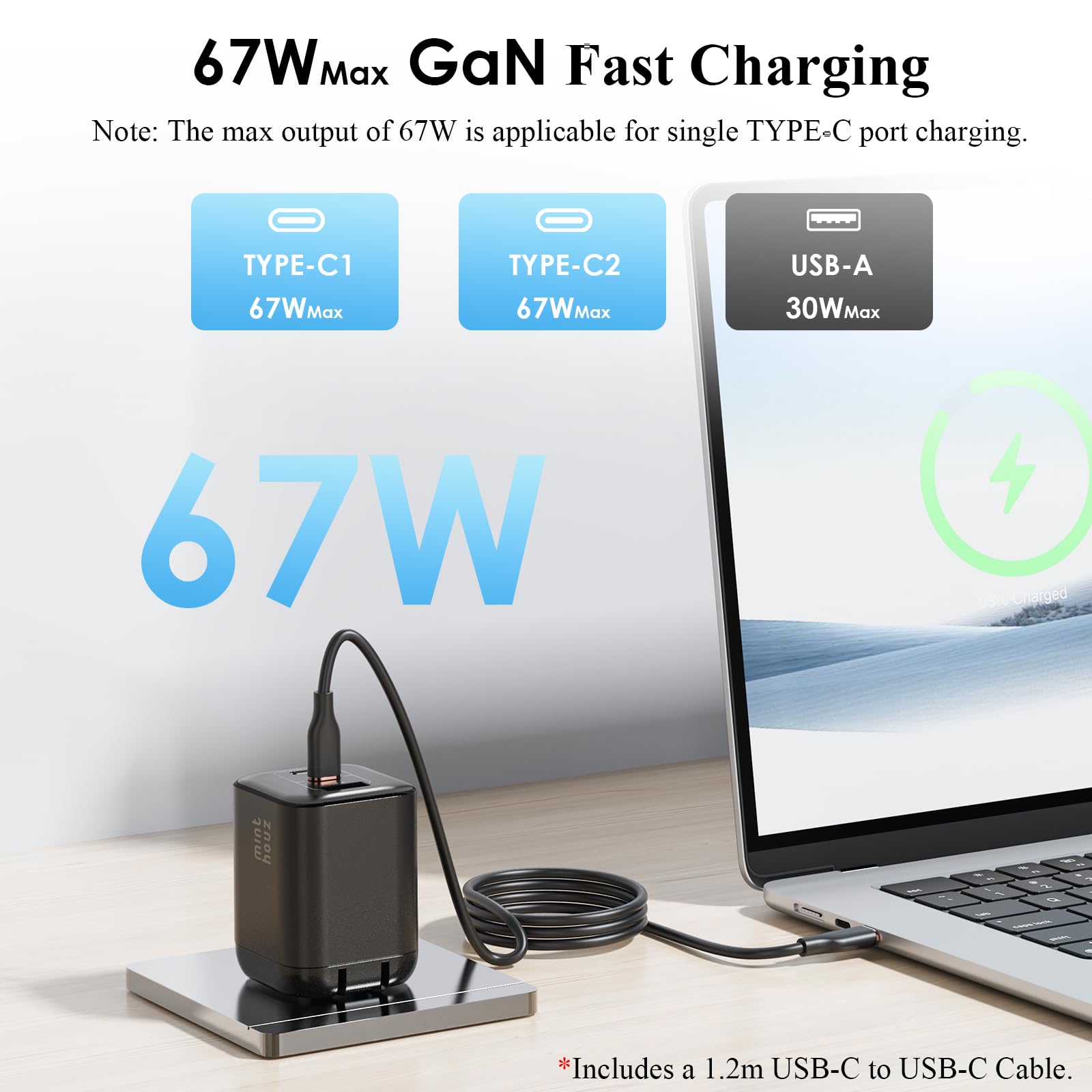 Minthouz USB-C-Ladegerät mit Charging Cable, PD 67W, 3-Port-GaN-Mehrfachnetzteil, Fast Charger kompatibel mit Lenovo ThinkPad/Dell XPS/MacBook/Samsung Galaxy Serie 2