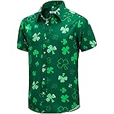 J&DHUASHA Mens St Patrick's Day Shirt Shamrock Irish Printed Green Clover Hawaiian Button Down Short Sleeves Shirts