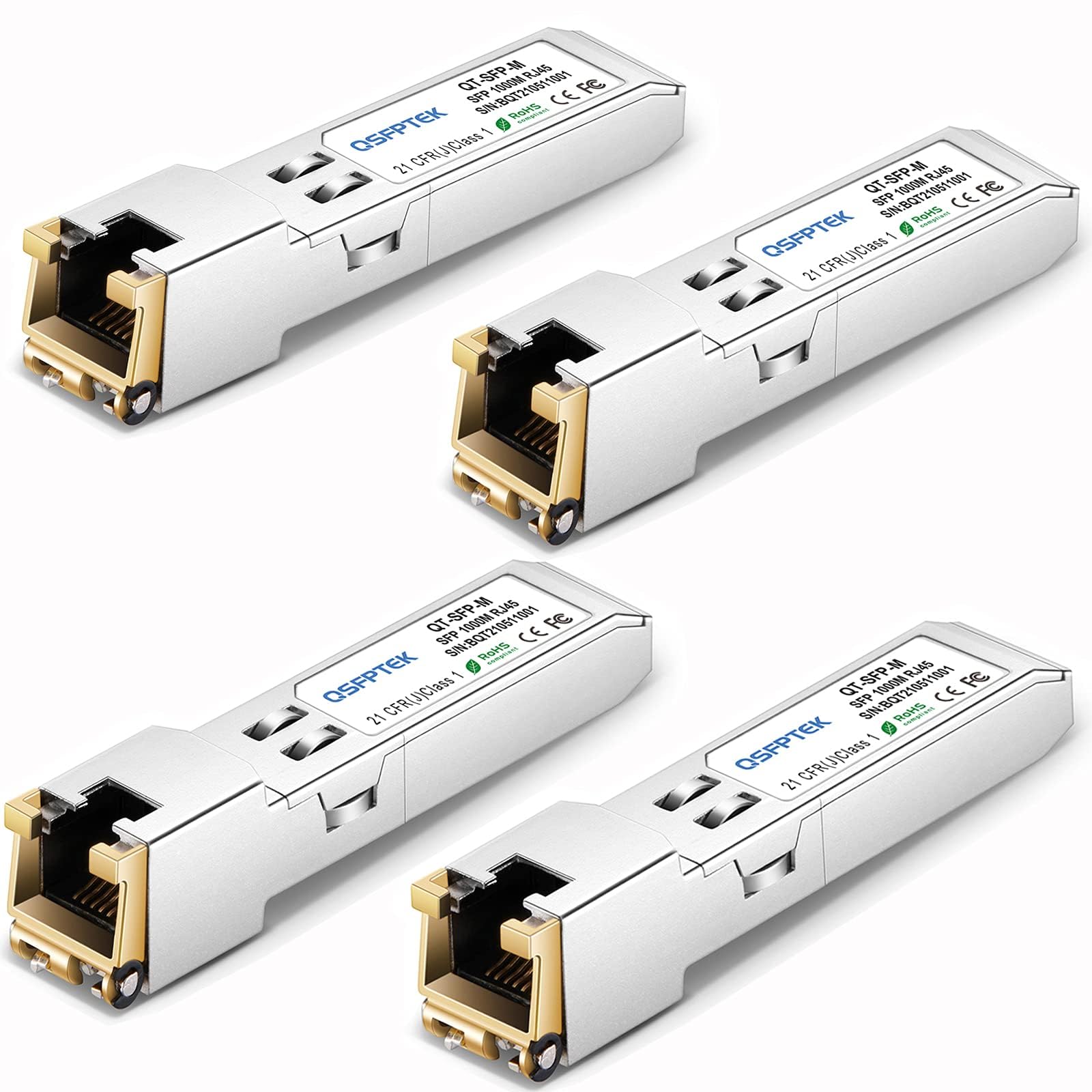 QSFPTEK 4Pack 1000BASE-T RJ45 Copper SFP Transceiver, Gigabit SFP to RJ45 Module for Cisco GLC-T/GE-T, Ubiquiti UF-RJ45-1G, Meraki MA-1GB-TX, D-Link, Supermicro, Netgear, up to 100m