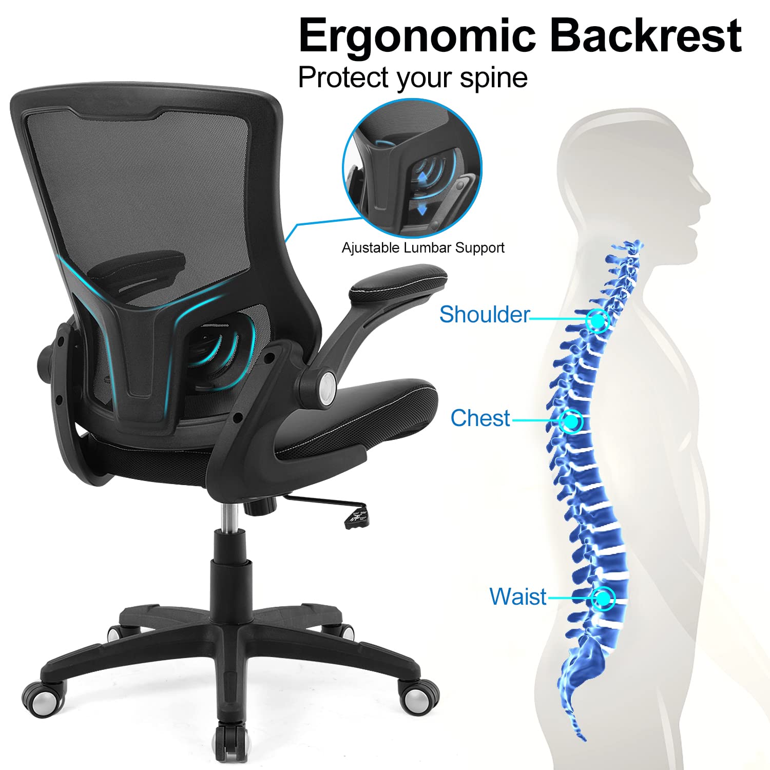Office Chair Ergonomic Desk Chair, Computer PU Leather Home Office Chair, Swivel Mesh Back Adjustable Lumbar Support Flip-up Arms Executive Task Chair