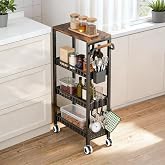 4 Tier Rolling Cart, Metal Utility Slim Storage Carts with Wheels, Small Mobile Shelf Unit Organizer Trolley with Handle and Wood Top, Rolling Cart for Laundry, Bathroom, Kitchen