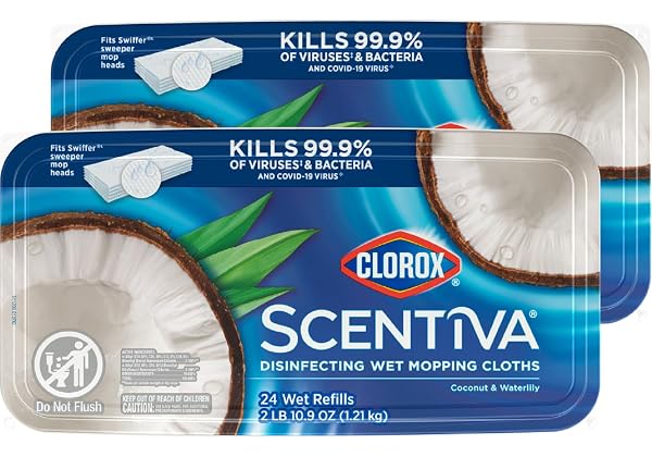 CLOROX SCENTIVA DISINFECTING WET MOP PAD, DISPOSABLE MOP HEADS, COCONUT AND WATERLILY, 2 PACKS, 24 WET REFILLS PER PACK (PACKAGE MAY VARY)
