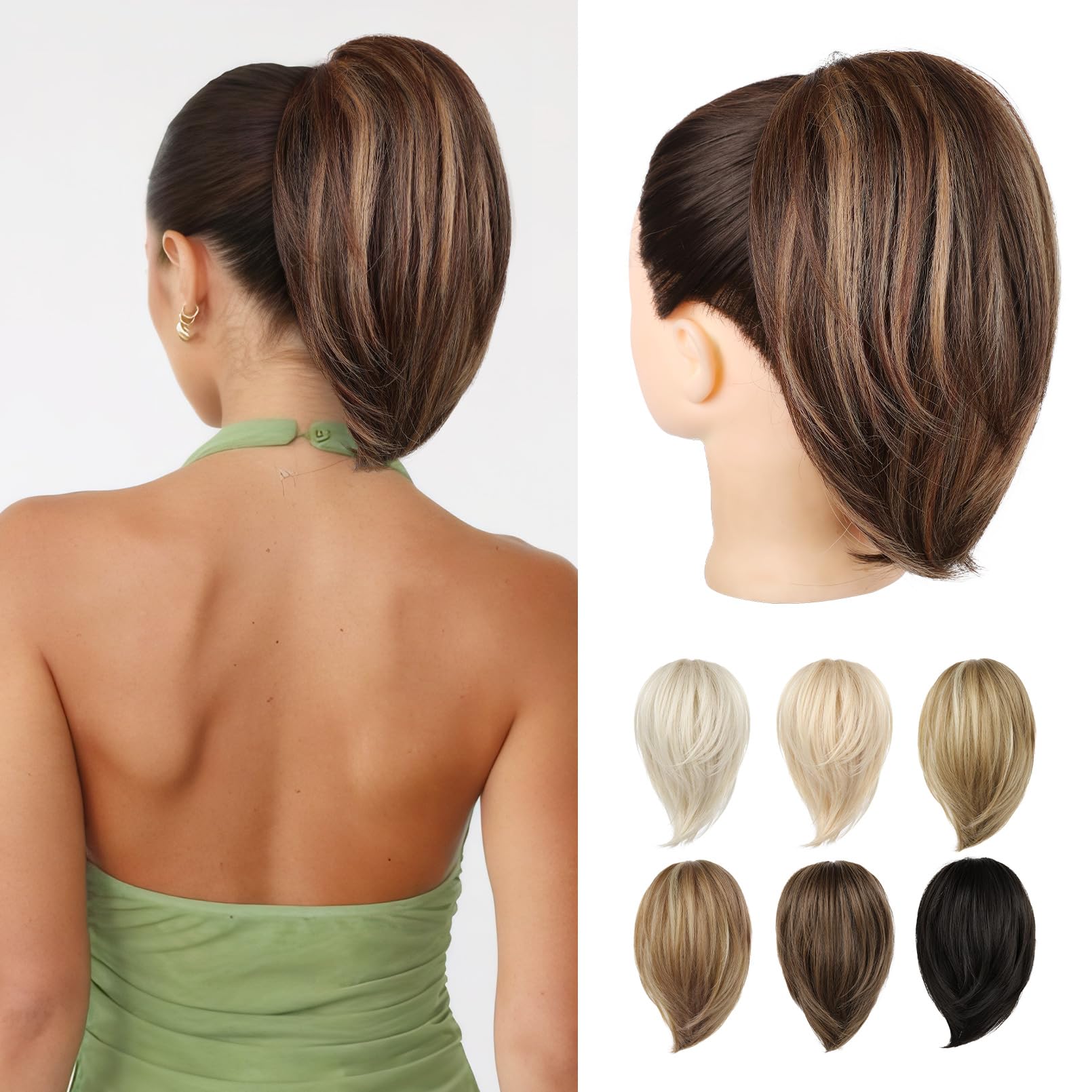 REECHO Ponytail Extension，Claw Clip Hair Bun Hair Piece Short Straight Ponytail Hair Extensions Messy Hair Bun Natural Synthetic Fake Ponytail Hair Pieces for Women- Chestnut Brown with Highlights