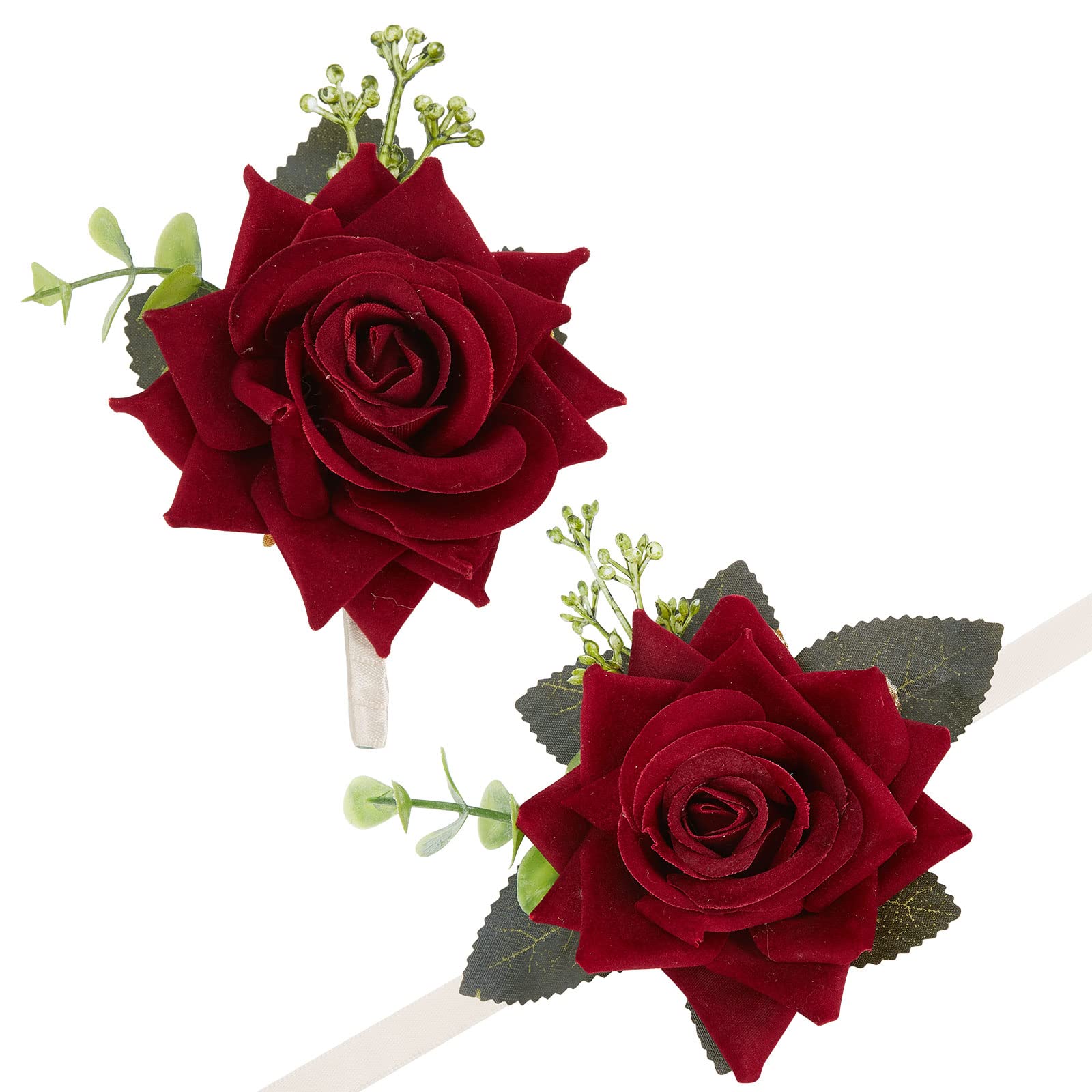 WEBEEDY 2 Pcs Wedding Artificial Flowers Wrist Band Bracelet Wine Red Wrist Corsage and Boutonniere Set Hand Flower for Wedding Prom Wrist Groom Bride Bridesmaids Wedding Gift Flowers Accessories