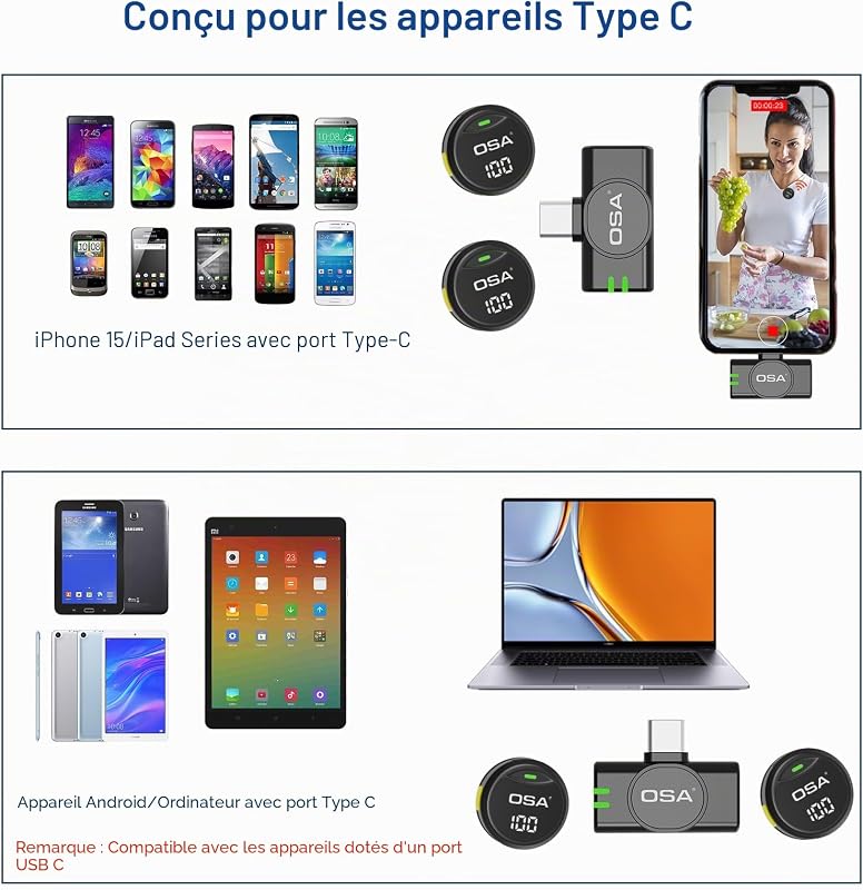 Micro Cravate sans Fil pour iPhone 15/16 et Android, Mini Microphone à Clipser USB-C, sans Fil, Batterie de 40 Heures pour Enregistrement vidéo, interviews, podcasts, Youtube, Vlog