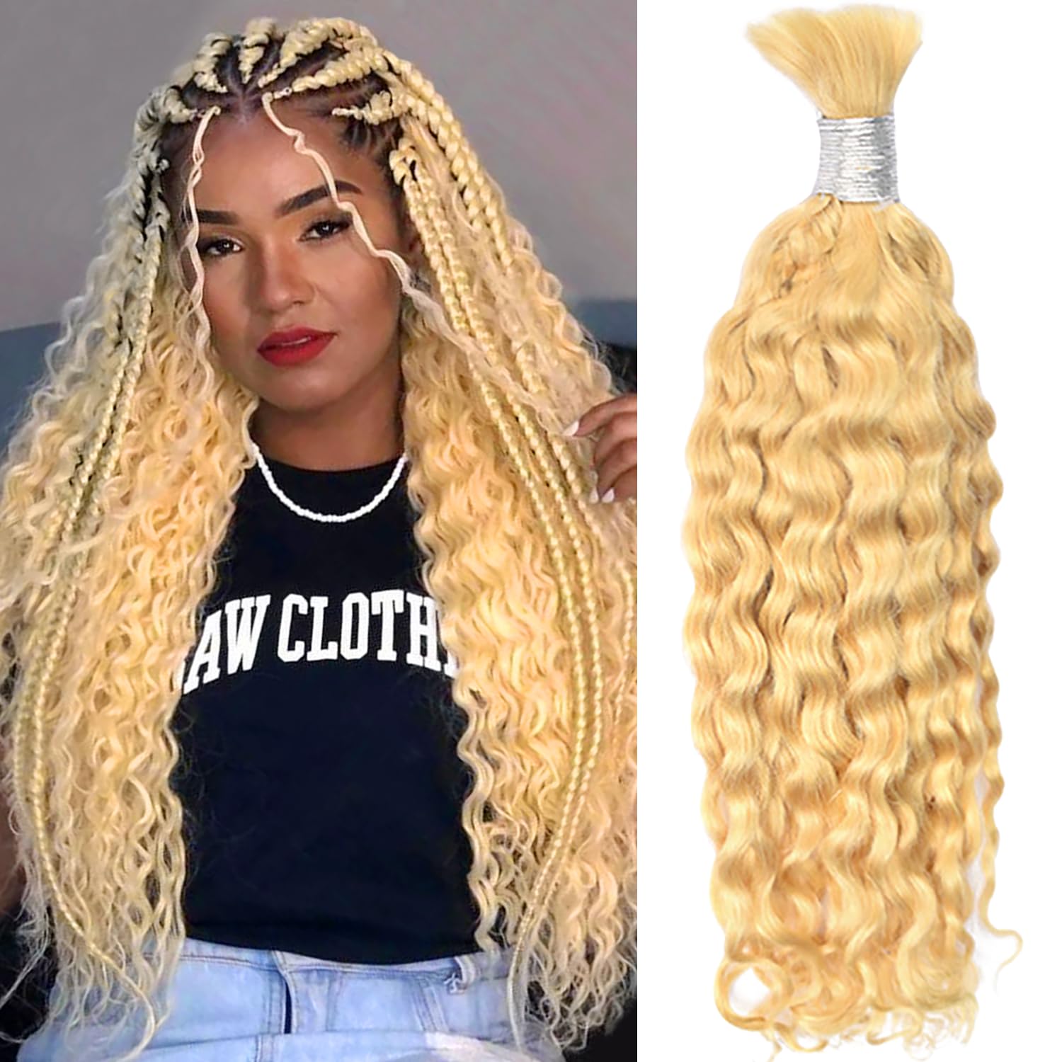 Human Hair Bulk For Braiding Highlight Deep Wave Boho Human Braiding Hair Unprocessed Human Hair Extensions For Micro Braids 24 Inch-100G