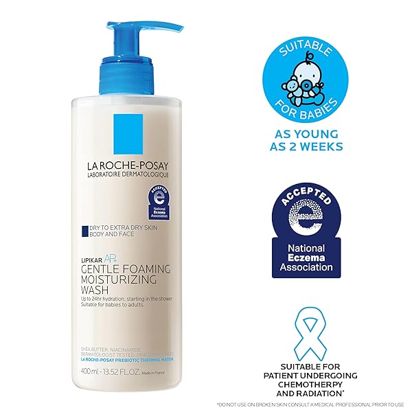 LA ROCHE-POSAY LIPIKAR AP+ GENTLE FOAMING MOISTURIZING WASH, SHEA BUTTER + NIACINAMIDE + GLYCERIN, MOISTURIZING BODY WASH FOR DRY SKIN, NATIONAL ECZEMA ASSOCIATION ACCEPTED, SOAP FREE