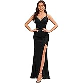 Women's Long Sequin V-Neck Mermaid Formal Dress Backless Slit Sparkly Glitter Cocktail Dresses Ruched Prom Dress