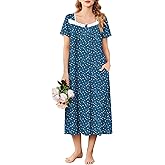 Ekouaer Long Nightgowns for Women Soft Ladies Sleepwear Gowns Short Sleeve Nightdress Button House Dress with Pockets