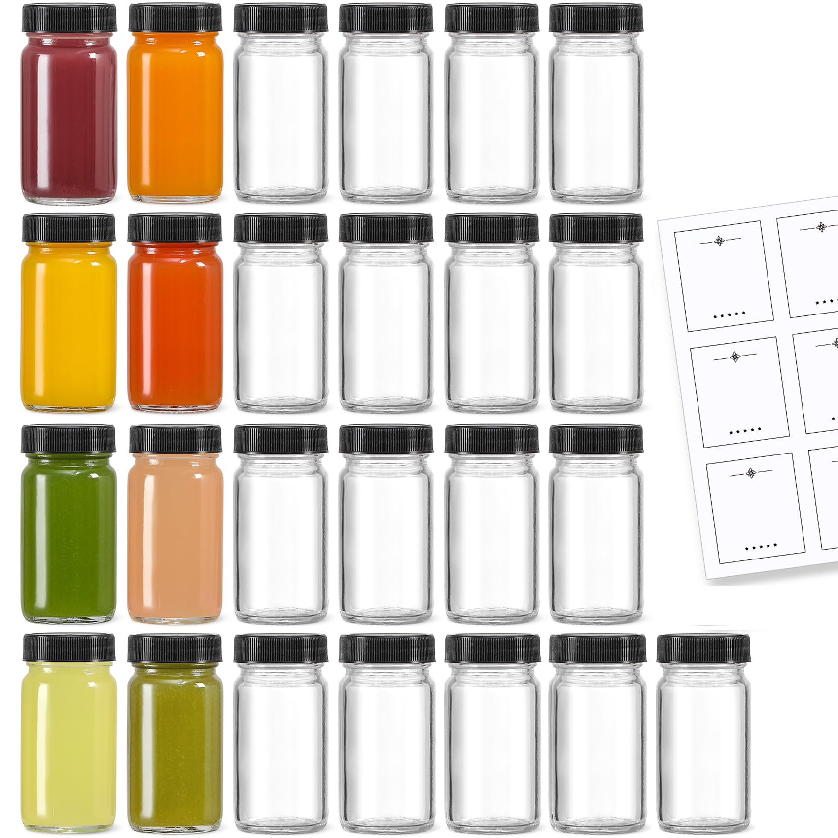 Photo 1 of 25 Pack 2 oz Glass Shot Bottles w/ Black Lids & 25 Labels - Small Clear Jar for Ginger, Wellness Shot, Juice, Sample, Whiskey - Travel Essentials Mini Bottles - Wide Mouth, Leakproof, Dishwasher Safe