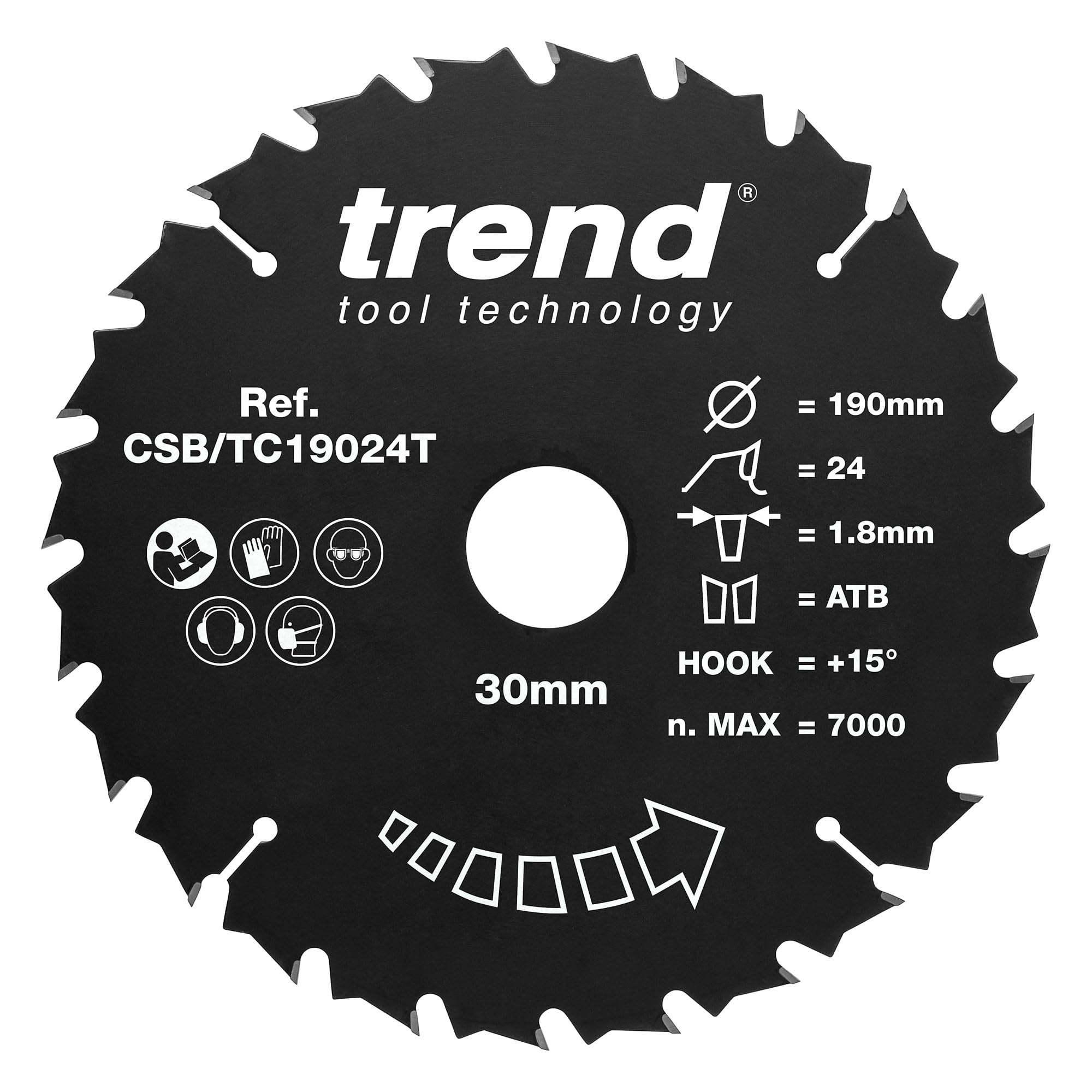Trend Wood Cordless Circular Saw Blade, 190mm Diameter, 30mm Bore, 24 Teeth, TCT, 1.8mm Kerf, +15° Hook, CSB/TC19024T