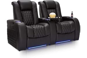 Seatcraft Diamante - Home Theater Seating - Living Room - Power Recline - Italian Leather - Powered Headrests - Cupholders - USB Charging - Ambient Lighting - Arm Storage, Row of 2, Black