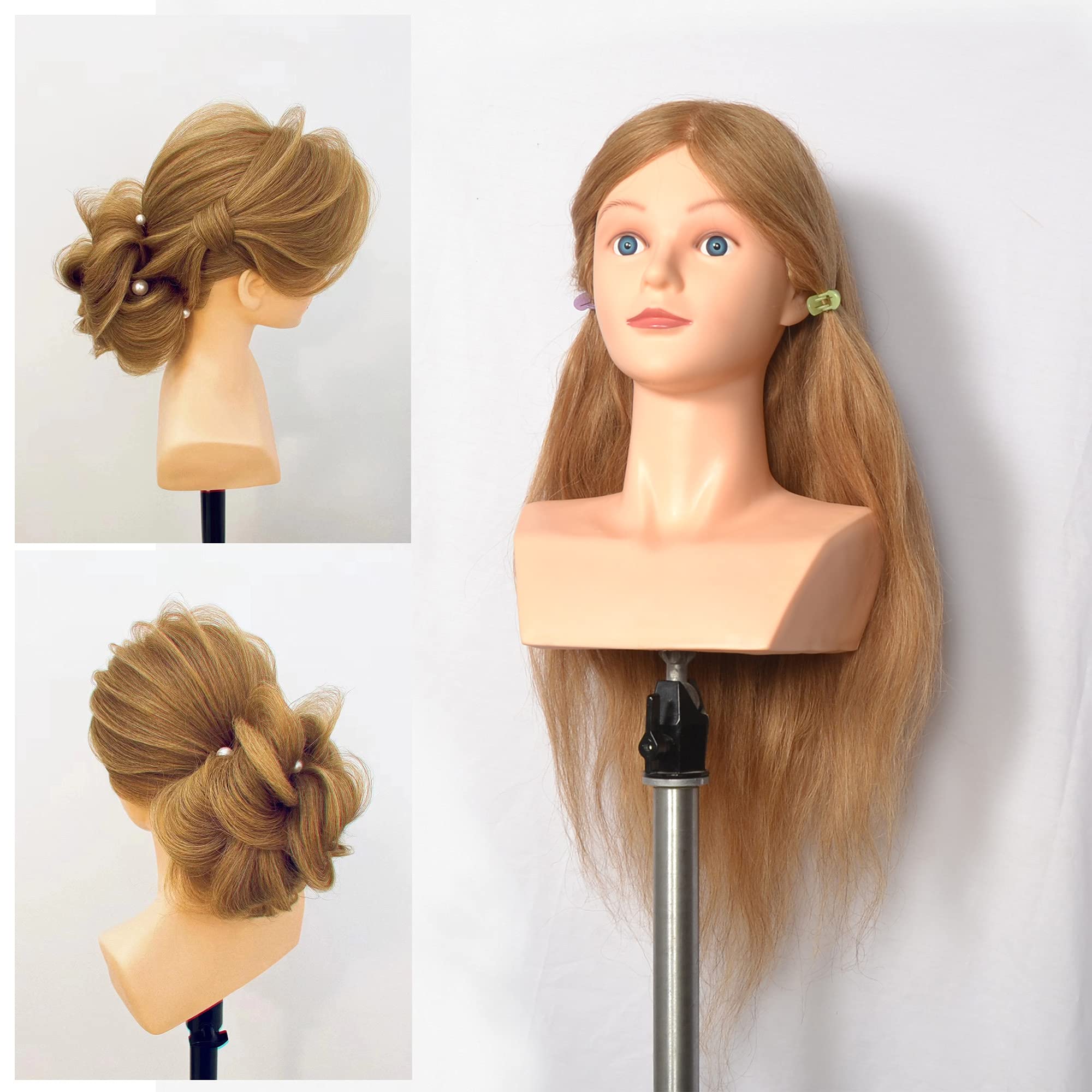 yiliusu 22 inch 100% Human Hair Mannequin Head Manikin Cosmetology Heads Practice Braiding Styling Training Curling Cutting Updos