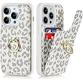 Lipvina for iPhone 14 Pro Max Case with Card Holder,Credit Card Holder,Ring Stand Kickstand,Flip Shockproof Cute Phone Wallet Case for Women (6.7 inch,White Leopard)