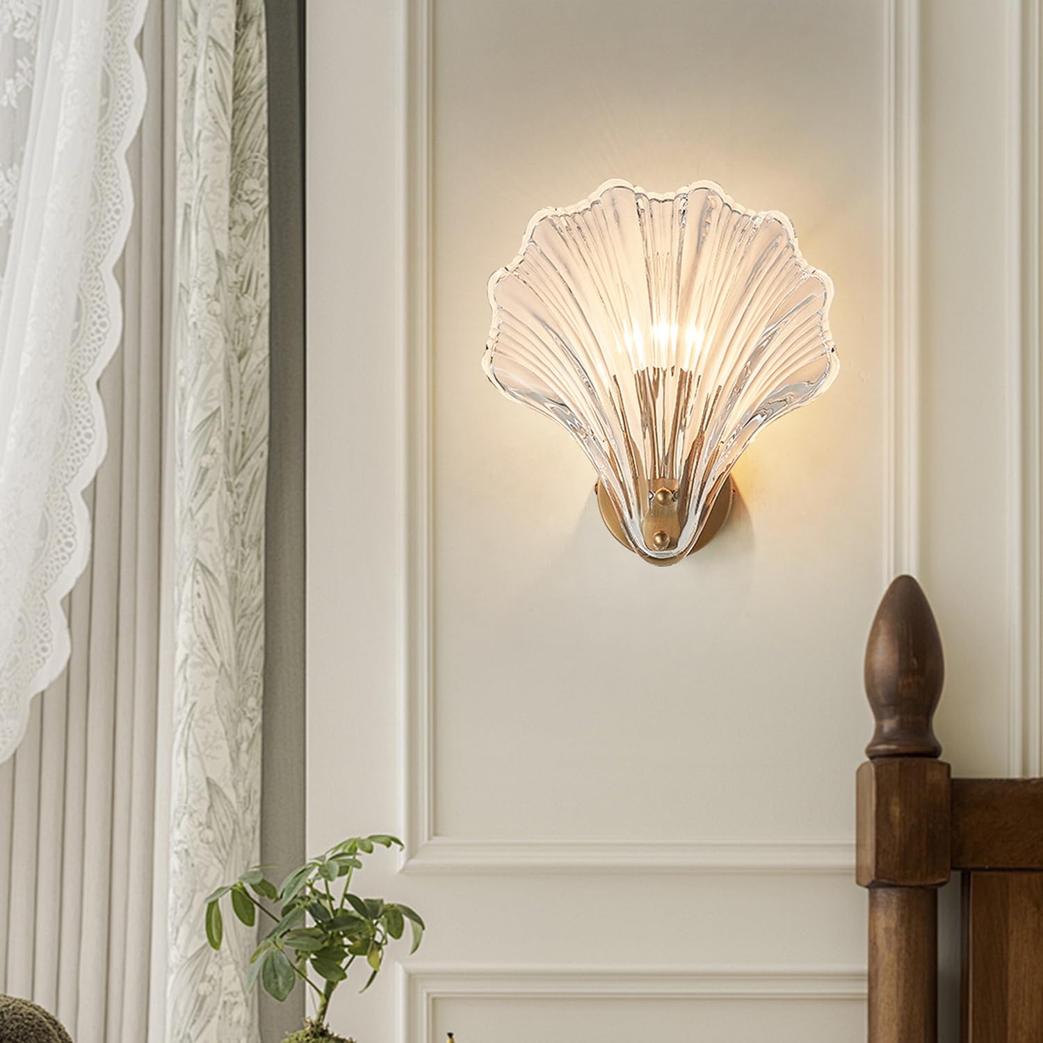 zhxinashu Shell Shaped Wall Light, Modern E14 Glass Indoor Wall Lights for Living Room, Art Deco Wall Sconce for Bedrooms & Corridor Bedside Reading Lamps (Clear)