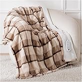Heated Blanket Electric Throw, 50" x 60" Luxury Faux Rabbit Fur Blanket with 8 Heat Levels & 8 Hours Auto Off, Soft Cozy Sherpa Fuzzy Heating Blankets with ETL & FCC Certified, Washable, Brown Plaid