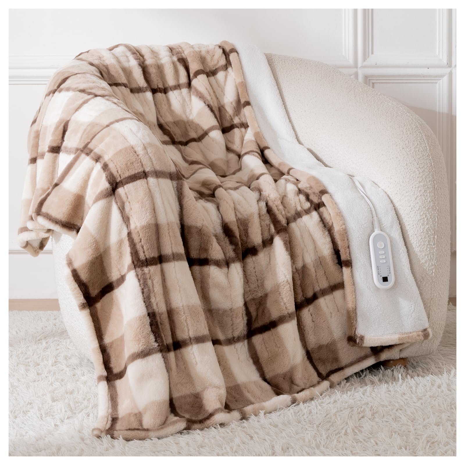Photo 1 of Heated Blanket Electric Throw, 50" x 60" Luxury Faux Rabbit Fur Blanket with 8 Heat Levels & 8 Hours Auto Off, Soft Cozy Sherpa Fuzzy Heating Blankets with ETL & FCC Certified, Washable, Brown Plaid
