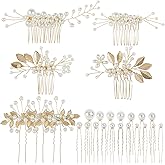Cinaci 25 Pack Sparkly Glitter Gold Rhinestone Pearl Leaf Flower Metal Wedding Bride Bridal Metal Hair Side Combs+U-shaped Hair Pins Clips Barrettes Slide Combs Headpieces Wedding Accessories for Women Girls