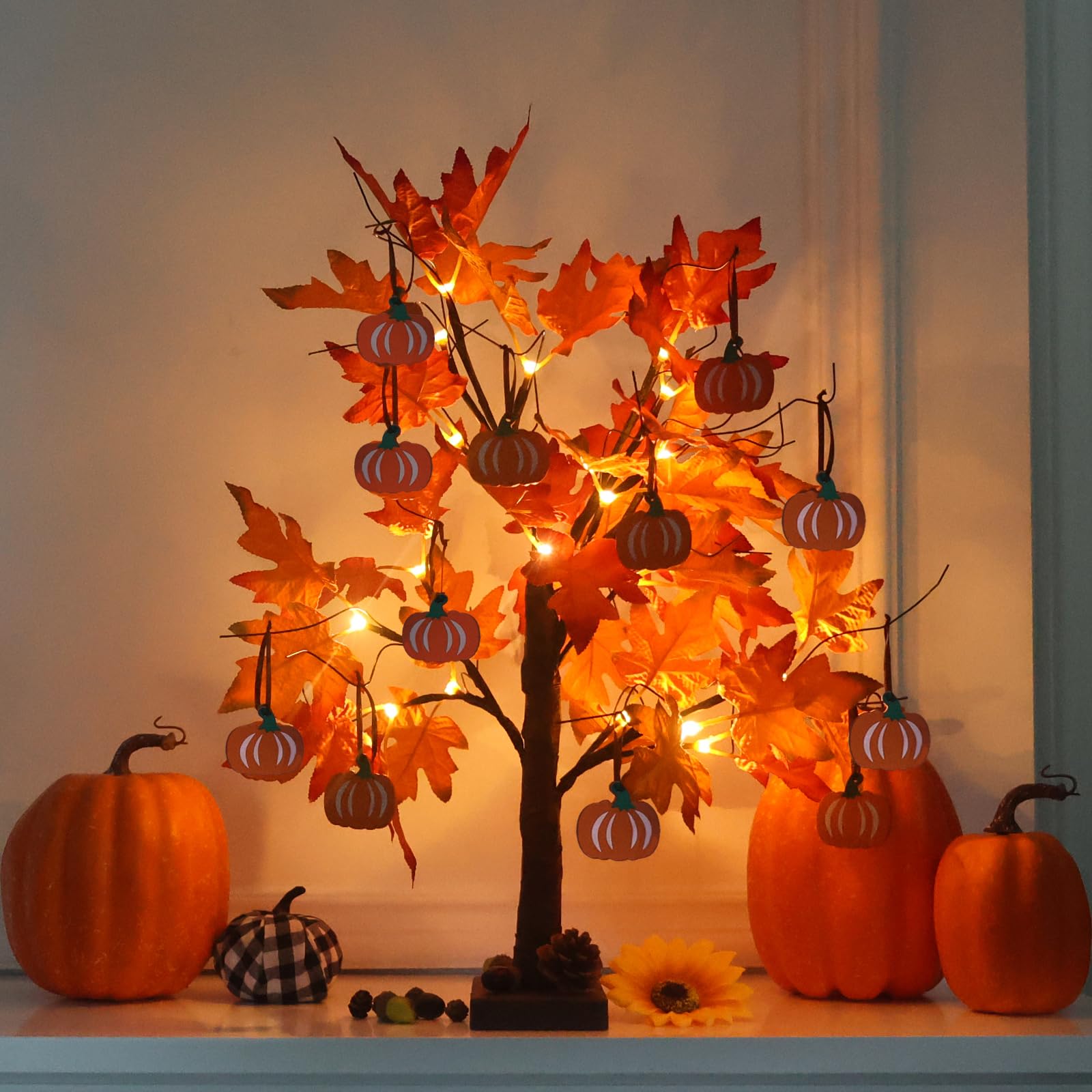 Photo 1 of hogardeck Fall Decorations for Home, Thanksgiving Decorations, 24”2FT Lighted Maple Leaves Tree with 24 LEDs & 12 Wood Pumpkin Ornaments, Battery Powered Timer Artificial Trees for Autumn Table Decor