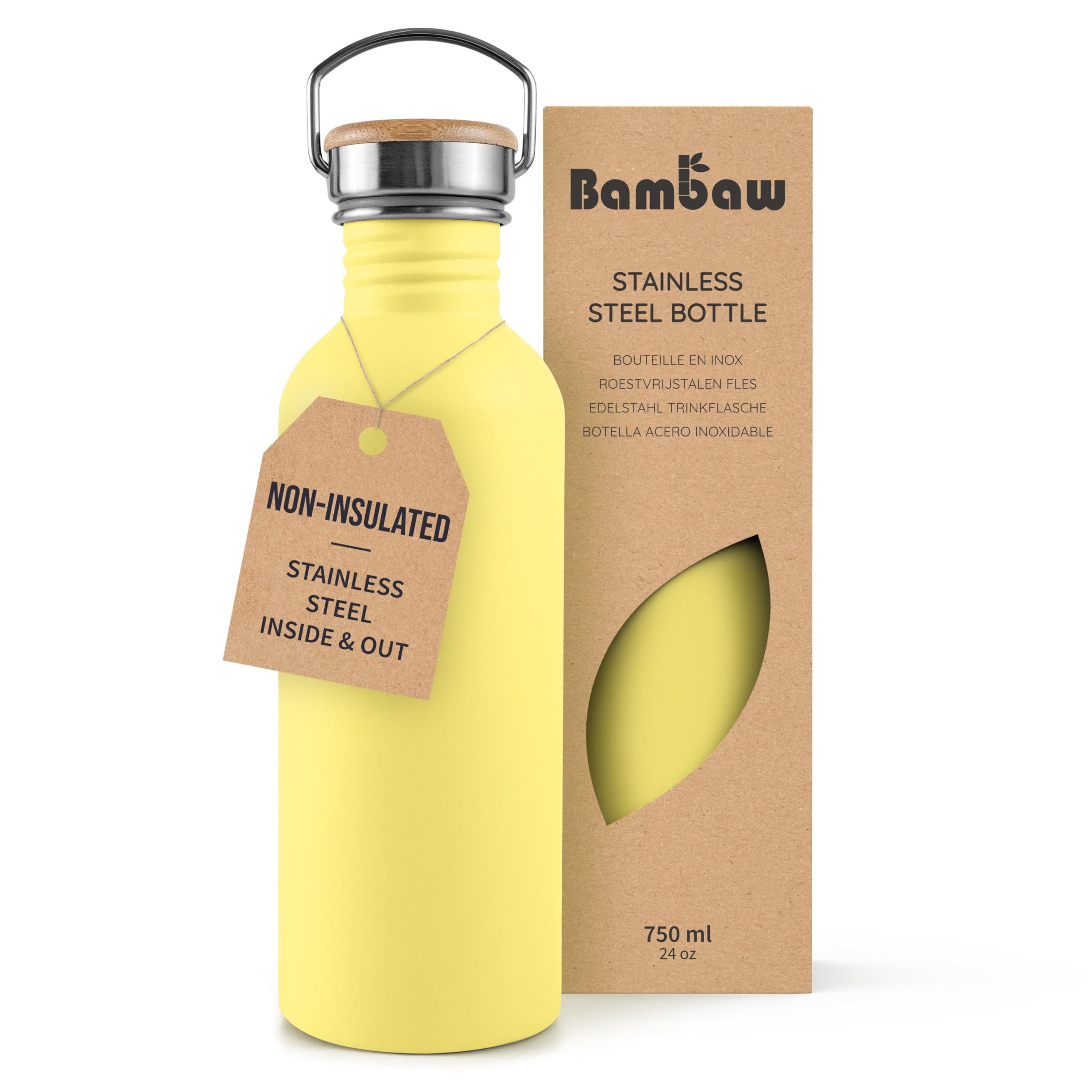 Bambaw 750ml Stainless Steel Water Bottle, Leak Proof, Easy to Clean - Yellow Beam