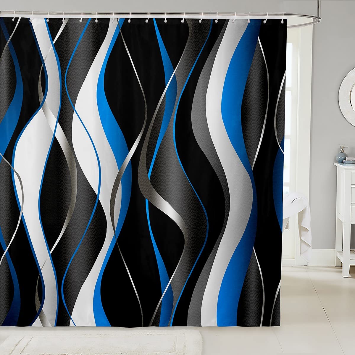 Loussiesd Blue Black Shower Curtain Geometric Spiral Pattern Fabric Shower Curtains for Kids Boys Girls Modern Abstract Bathroom Waterproof Accessories with 12 Hooks Grey White Curtains,72x78 Inch — image 1