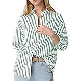 Flygo Womens Button Down Striped Shirt Casual Collared Cotton Oversized Long Sleeve Work Blouse Tops
