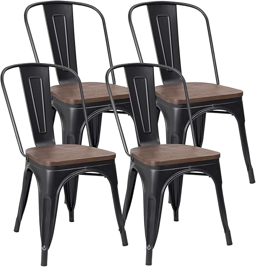 Amazon Com Jummico Metal Dining Chair Stackable Industrial Vintage Kitchen Chairs Indoor Outdoor Bistro Cafe Side Chairs With Back And Wooden Seat Set Of 4 Gold Black Kitchen Dining