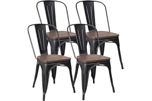 JUMMICO Metal Dining Chair Stackable Industrial Vintage Kitchen Chairs Indoor-Outdoor Bistro Cafe Side Chairs with Back and Wooden Seat Set of 4 (Black)