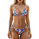 Holipick Two Piece Triangle Bikini Sets for Women String Bathing Suit Halter Top with Side Tie Bikini Bottom