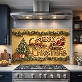 Kitchen Oil Proof Sticker 35.4 x 23.6 Inch - Santa Sleigh, Reindeer & Christmas Tree Scene, Peel and Stick Wallpaper Backsplash for Wall, Christmas Village Holiday Decor