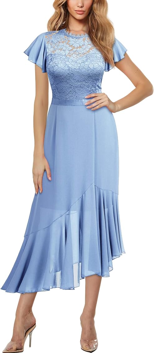 Miusol Women's Elegant Ruffle Style Floral Lace Bridesmaid Party Maxi Dress  (Small, Light Blue) at Amazon Women's Clothing store